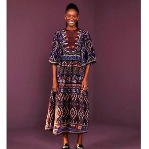 FARM Rio Blue Ainika Tapestry Tribal Aztec High Neck Party Resort Maxi Dress